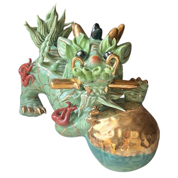 Foo Dog Imperial Guardian Handcrafted Porcelain Green & Gold ToneSculpture